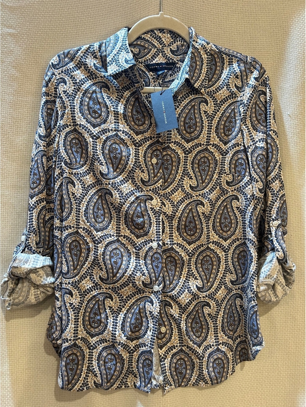 Tommy Hilfiger Women's XS Paisley Button-Up Shirt with Roll-Tab Sleeves